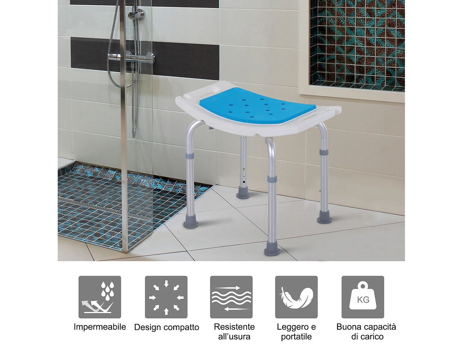 Sgabello da doccia ad altezza regolabile in alluminio e plastica