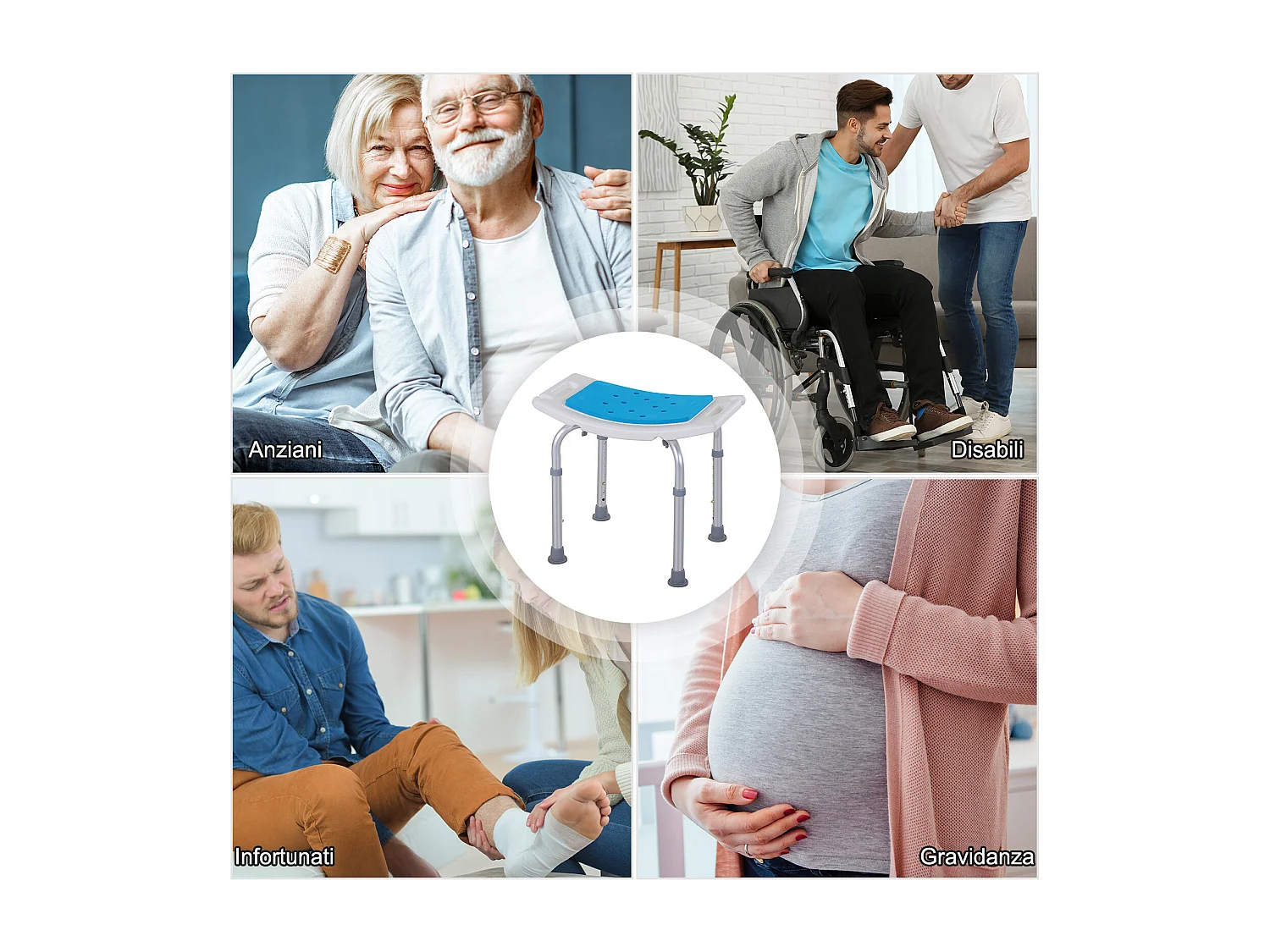 Sgabello da doccia ad altezza regolabile in alluminio e plastica