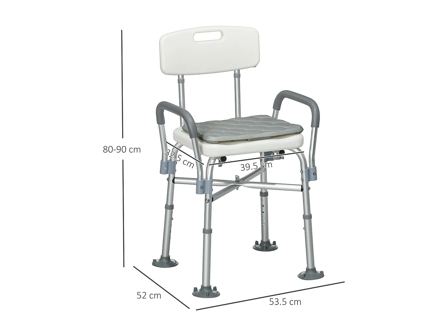 Sedia per doccia ad altezza regolabile con braccioli e cuscino bianca
