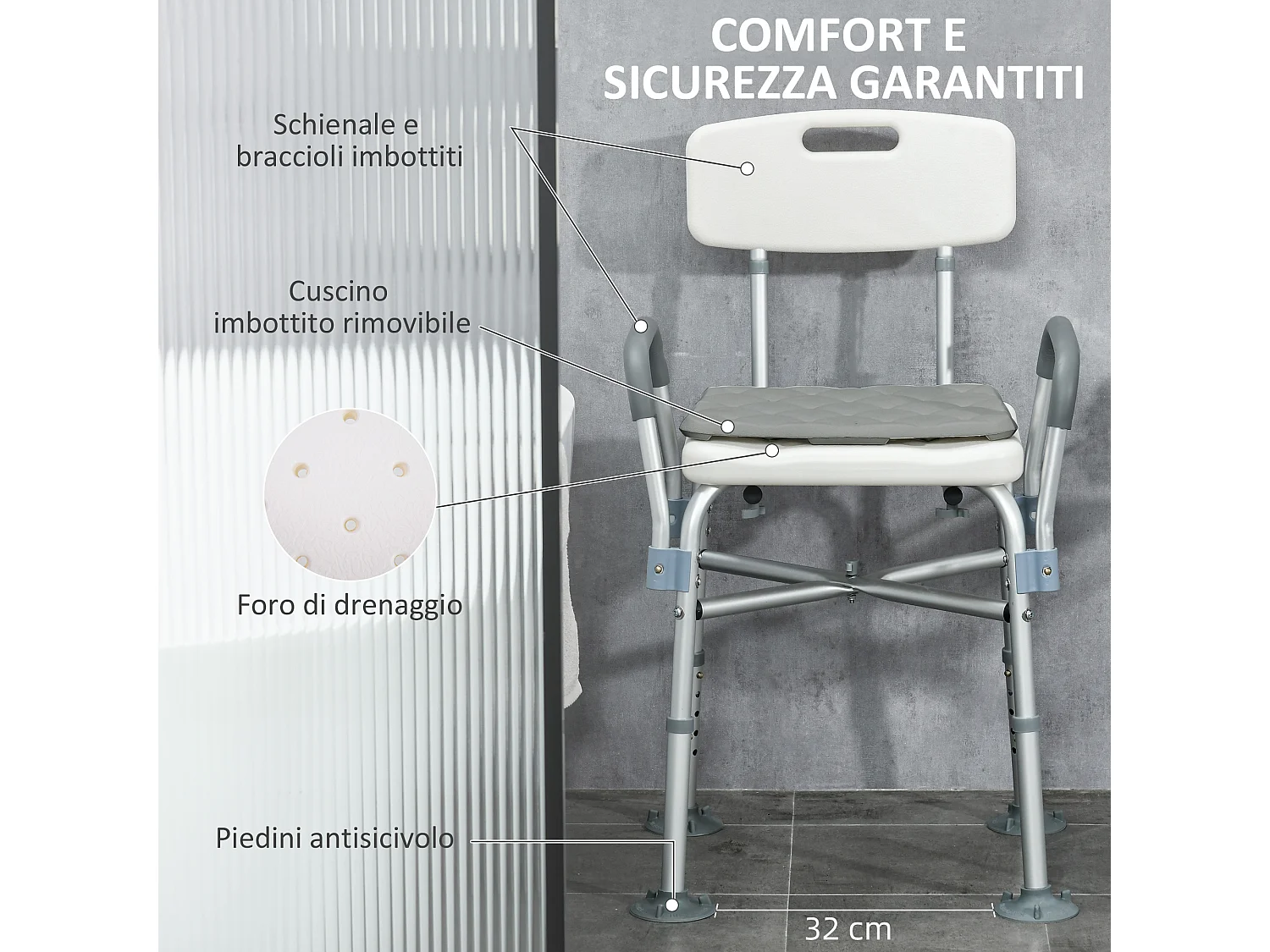 Sedia per doccia ad altezza regolabile con braccioli e cuscino bianca