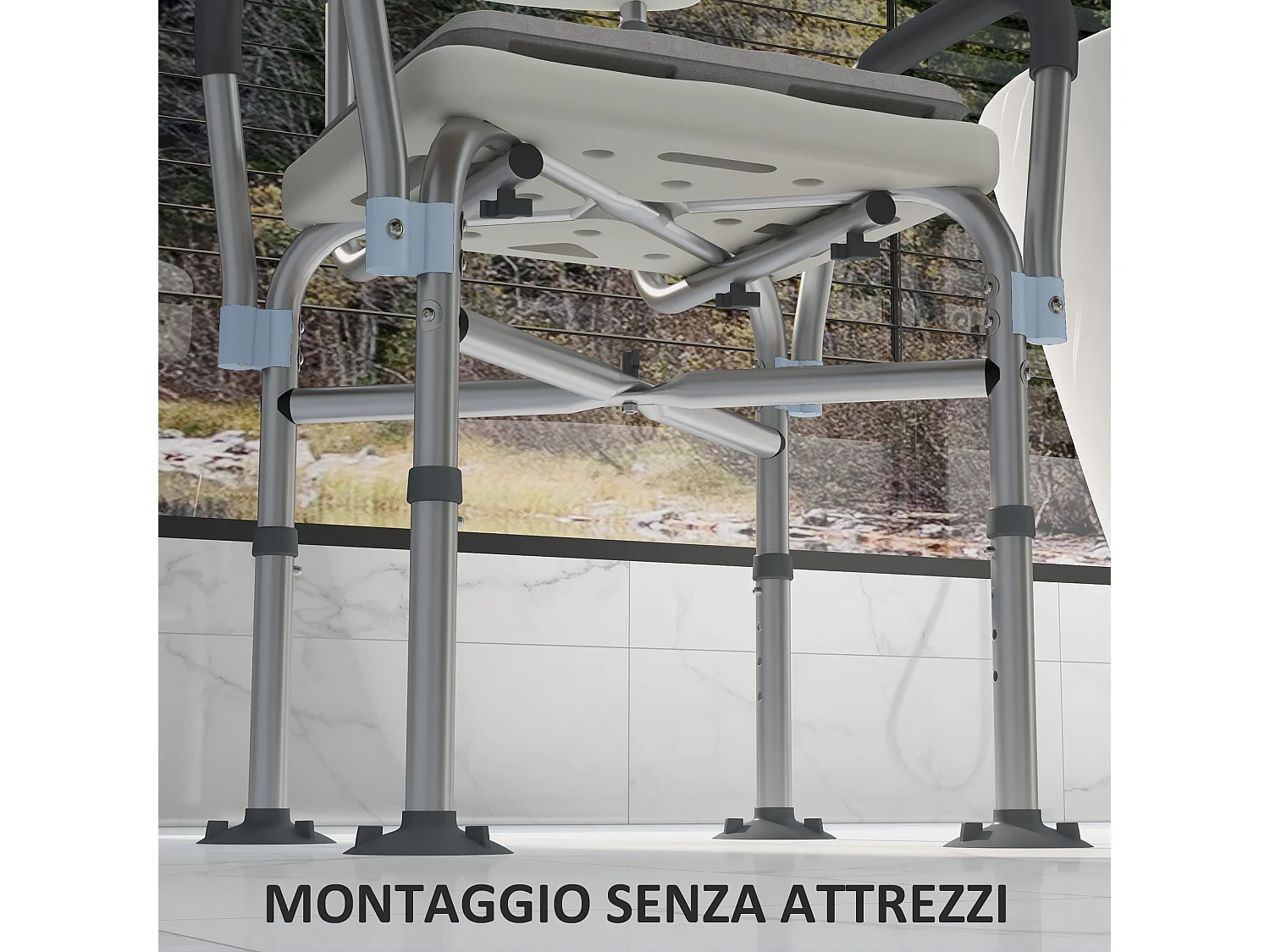 Sedia per doccia ad altezza regolabile con braccioli e cuscino bianca