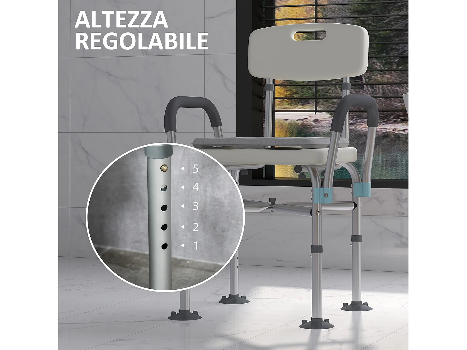 Sedia per doccia ad altezza regolabile con braccioli e cuscino bianca