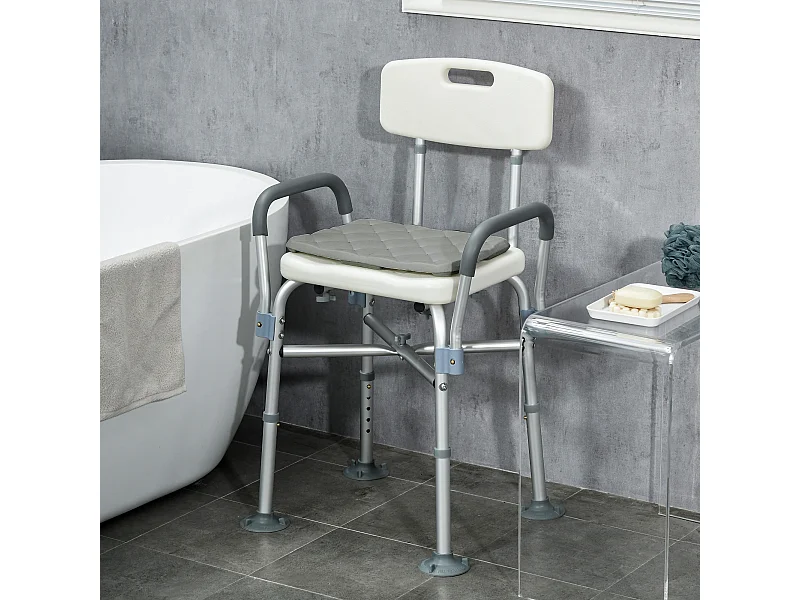 Sedia per doccia ad altezza regolabile con braccioli e cuscino bianca