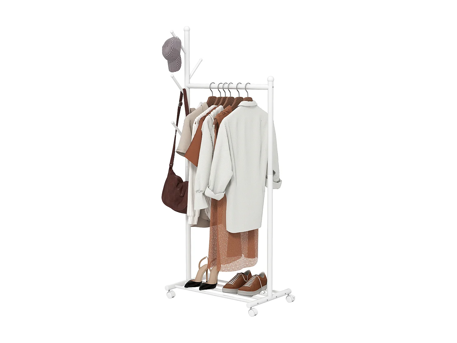 Appendiabiti con ruote girevoli 5 ganci e ripiano per scarpe bianco