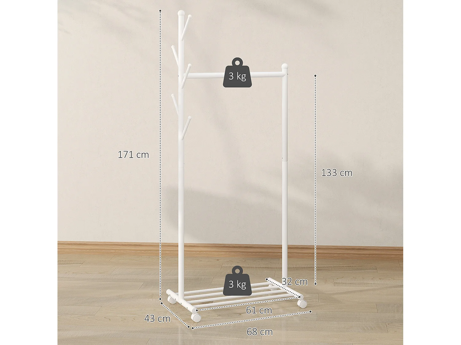 Appendiabiti con ruote girevoli 5 ganci e ripiano per scarpe bianco