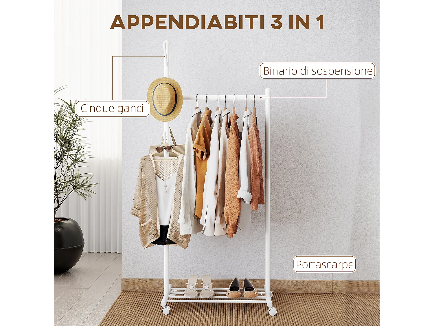Appendiabiti con ruote girevoli 5 ganci e ripiano per scarpe bianco