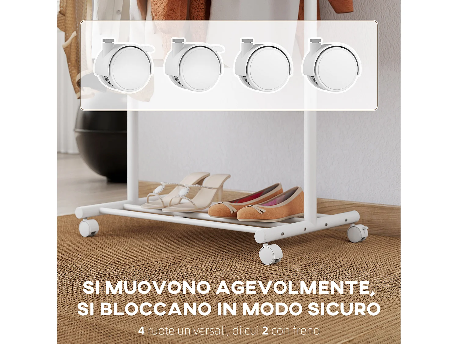 Appendiabiti con ruote girevoli 5 ganci e ripiano per scarpe bianco
