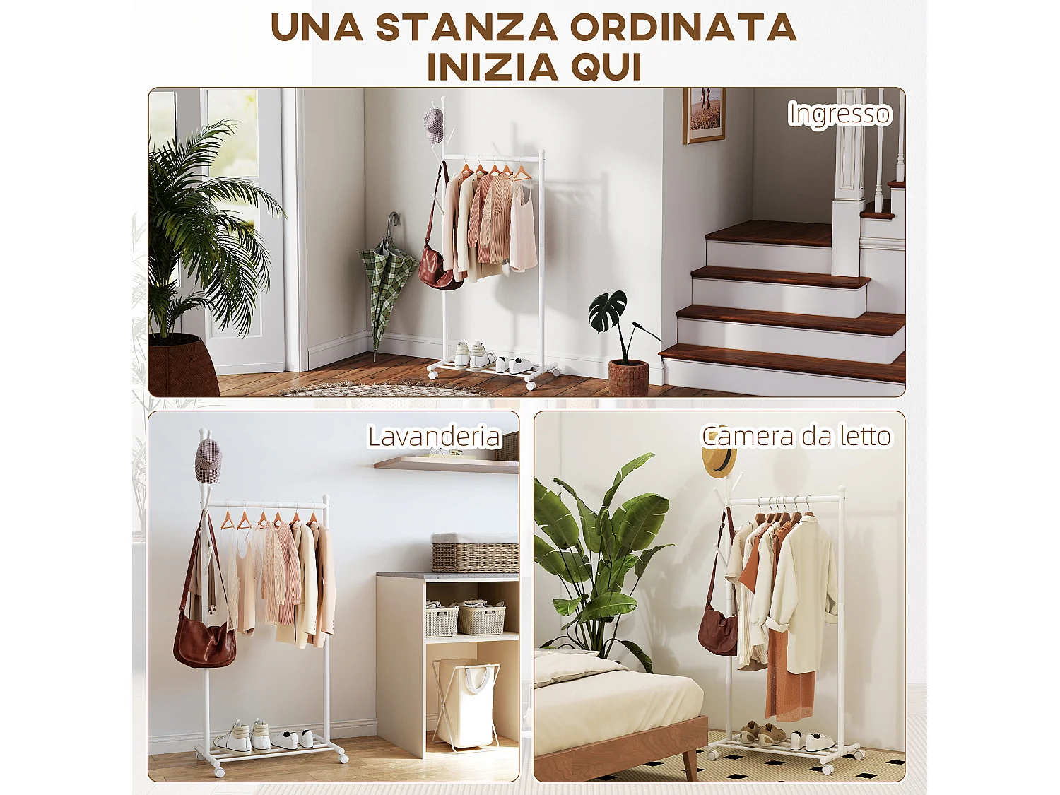 Appendiabiti con ruote girevoli 5 ganci e ripiano per scarpe bianco