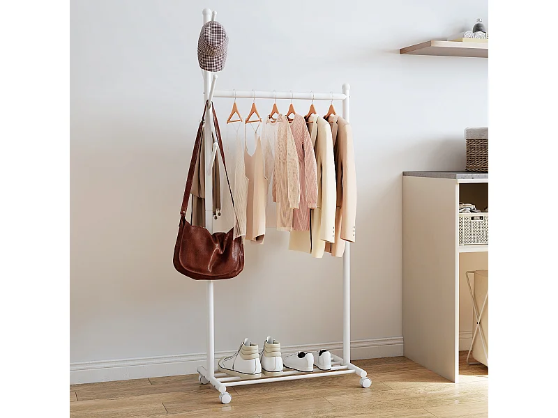 Appendiabiti con ruote girevoli 5 ganci e ripiano per scarpe bianco