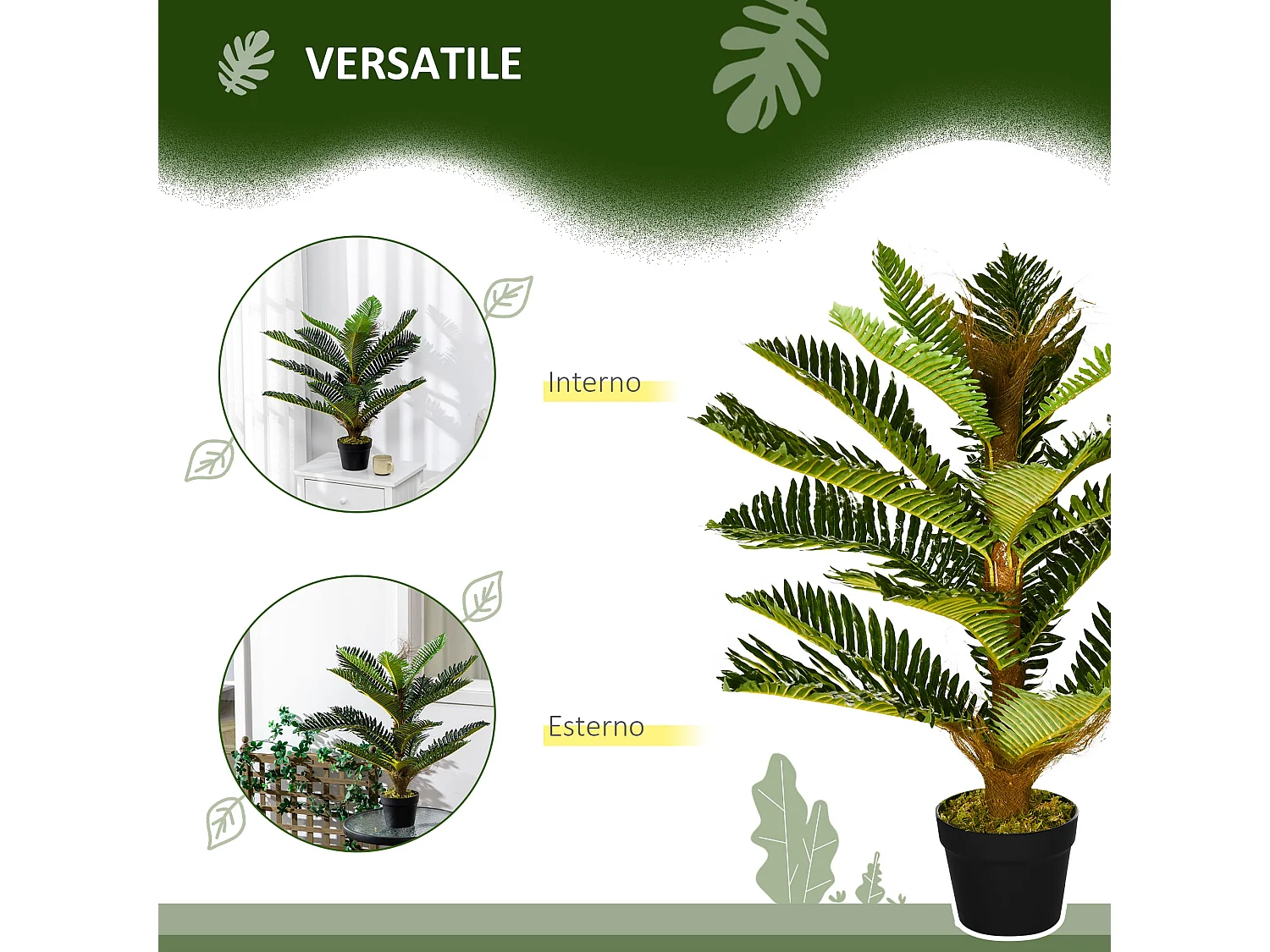 Pianta artificiale di palma con 18 foglie e vaso alta 85 cm