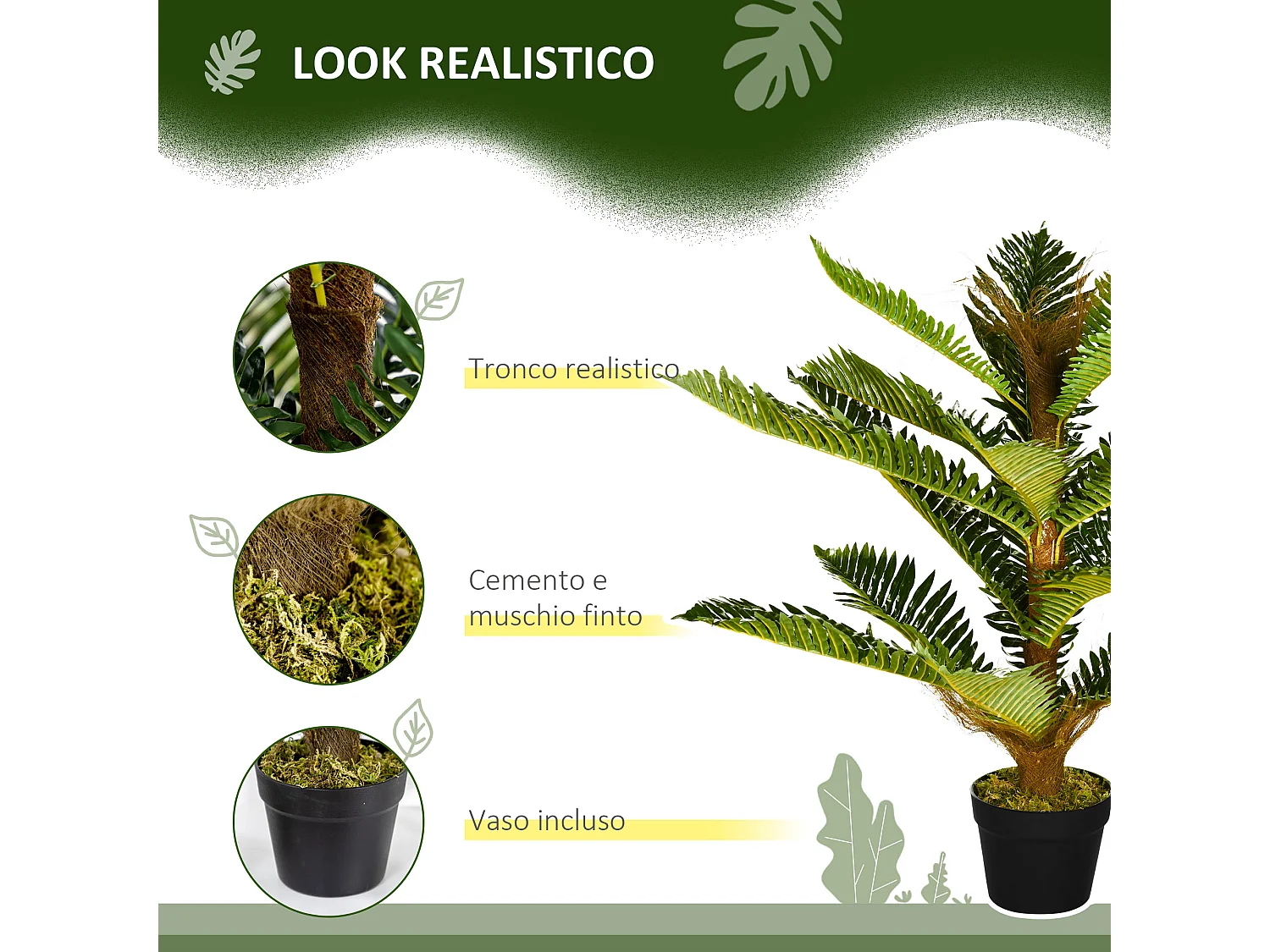 Pianta artificiale di palma con 18 foglie e vaso alta 85 cm