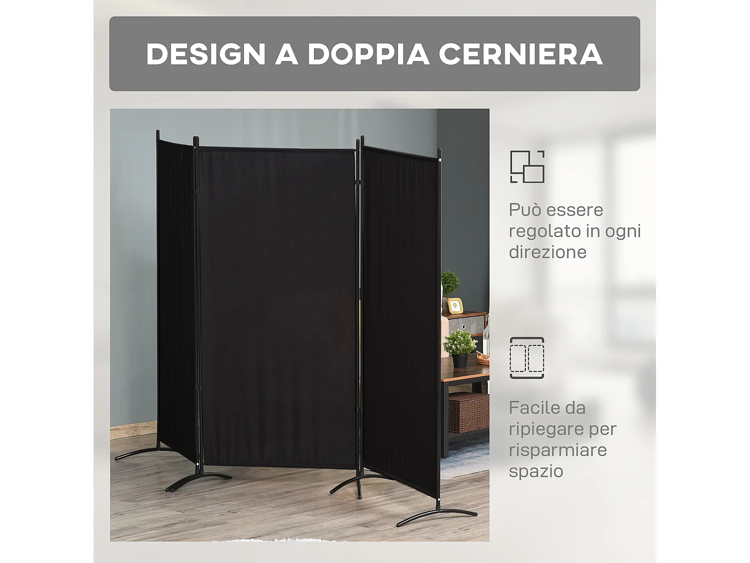 Separé da interno pieghevole a 3 pannelli metallo e poliestere nero