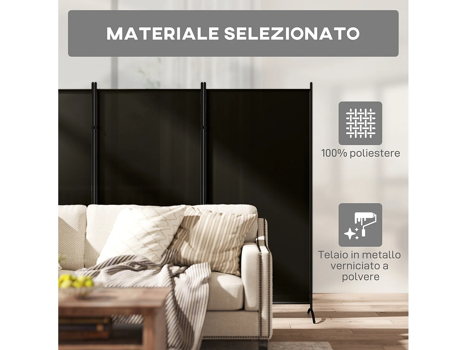 Separé da interno pieghevole a 3 pannelli metallo e poliestere nero