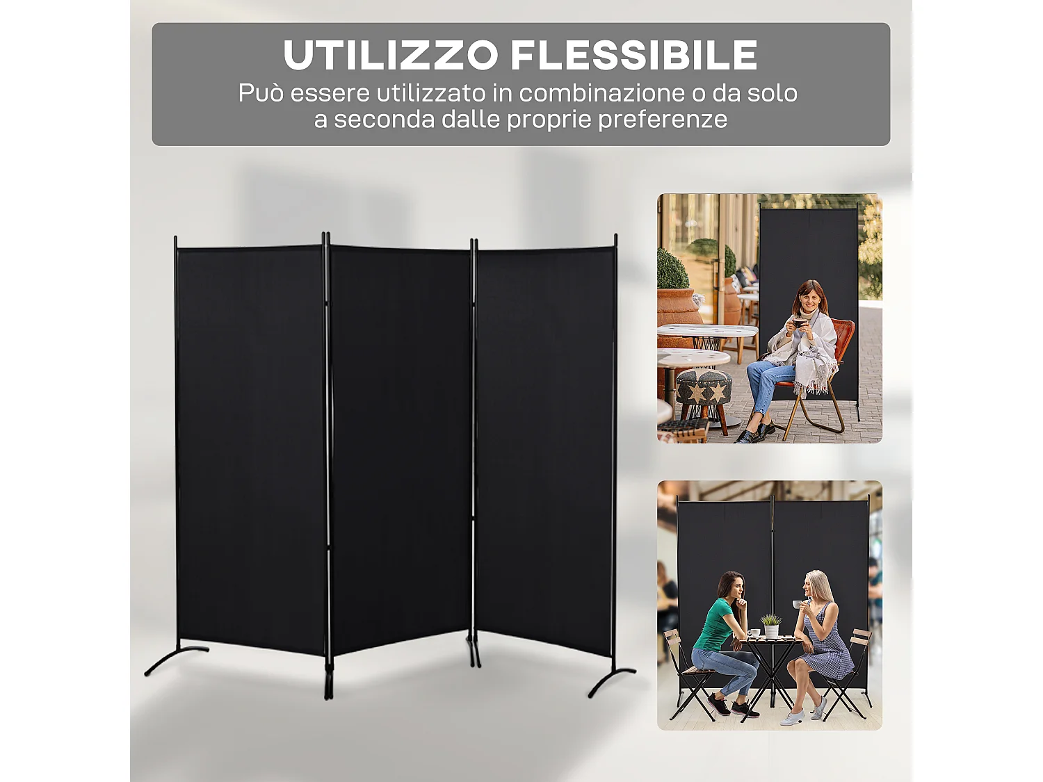 Separé da interno pieghevole a 3 pannelli metallo e poliestere nero