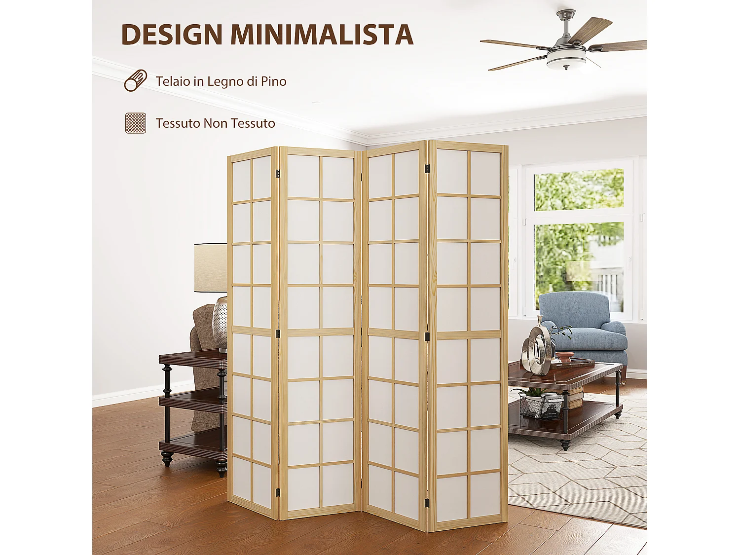 Paravento pieghevole a 4 pannelli 160x170 cm in legno e tessuto