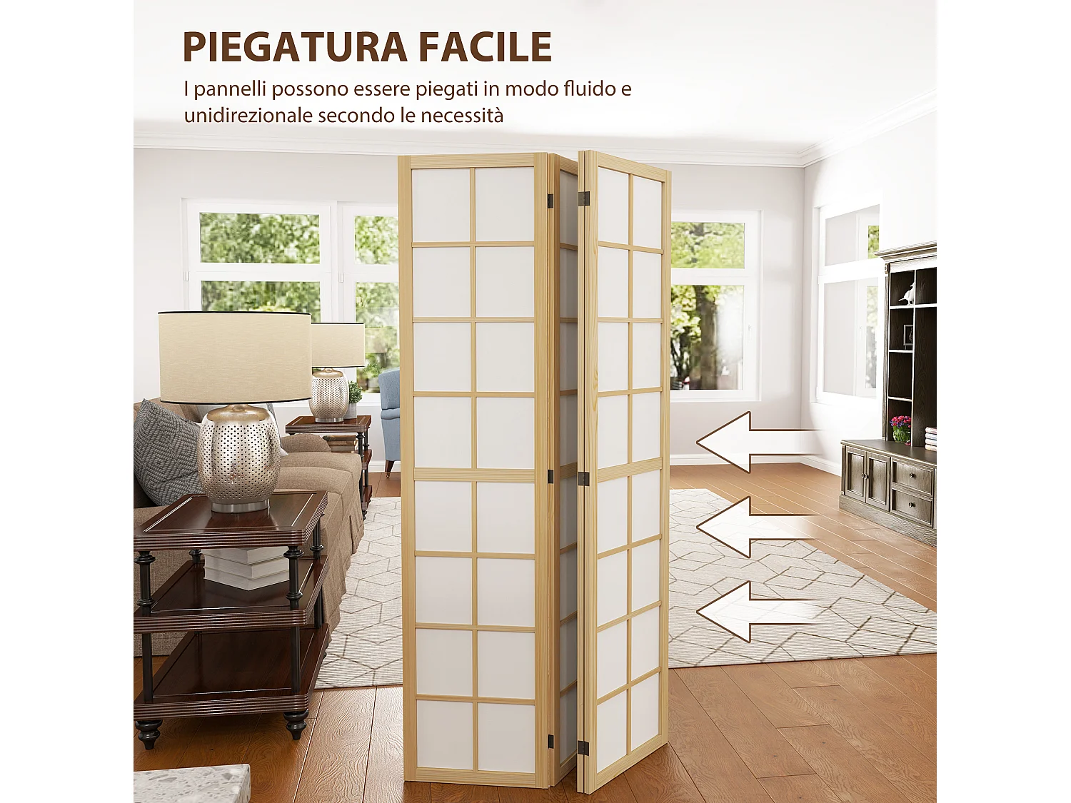 Paravento pieghevole a 4 pannelli 160x170 cm in legno e tessuto