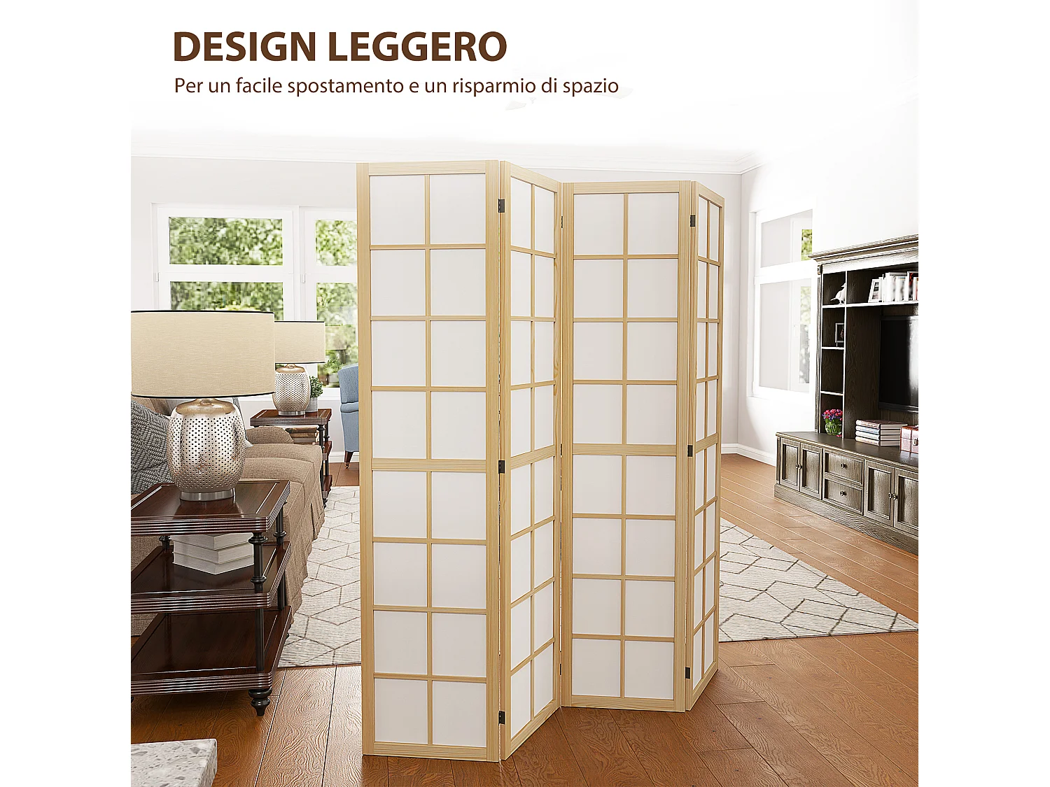 Paravento pieghevole a 4 pannelli 160x170 cm in legno e tessuto