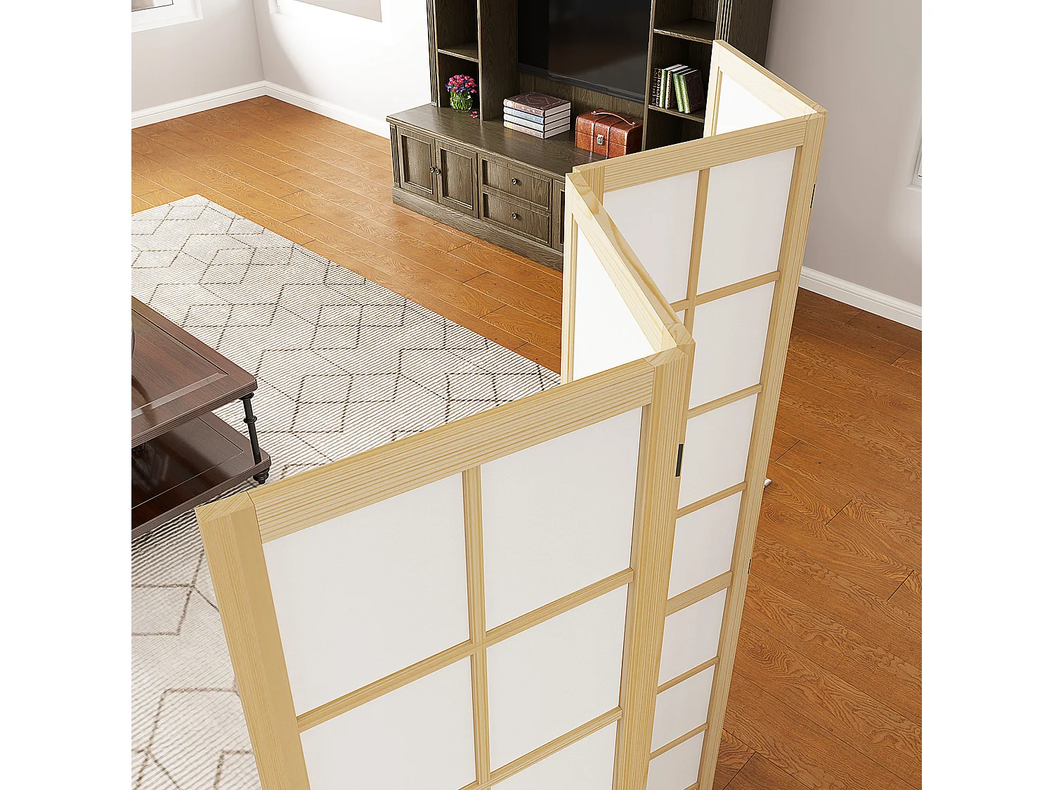 Paravento pieghevole a 4 pannelli 160x170 cm in legno e tessuto