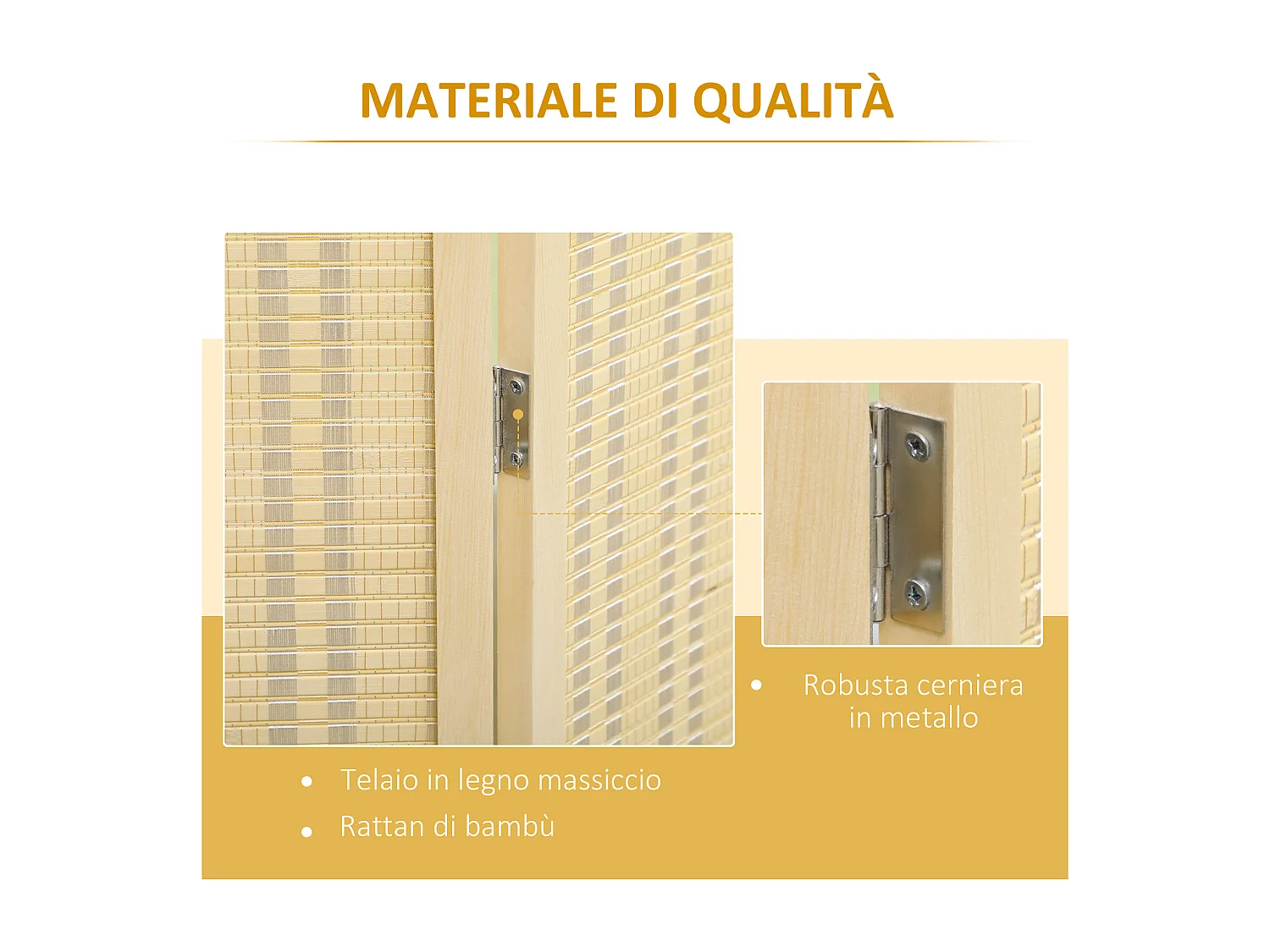 Paravento 4 ante pieghevole in legno e bambù altezza 180cm