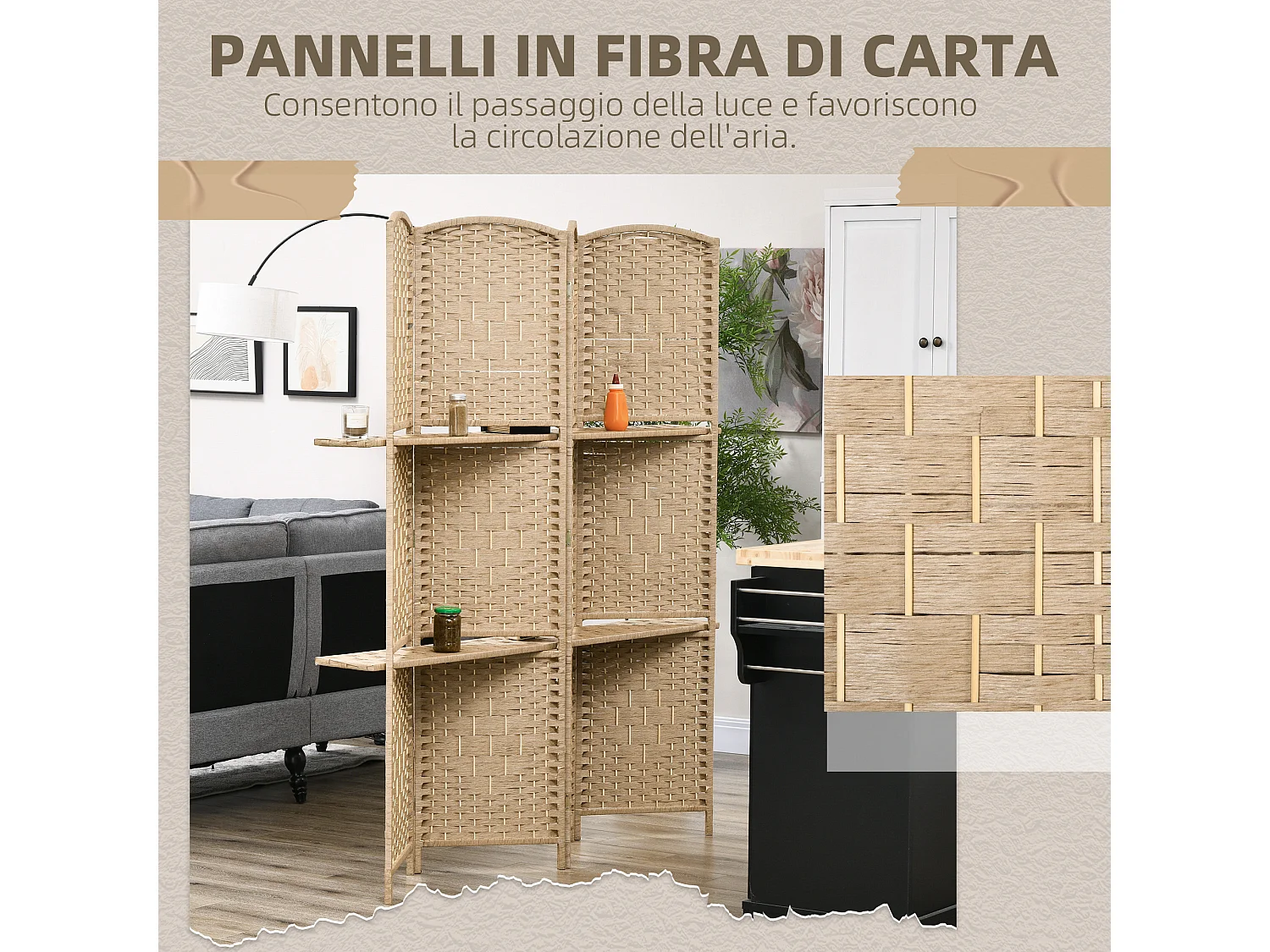 Paravento pieghevole da interno a 4 pannelli con mensole