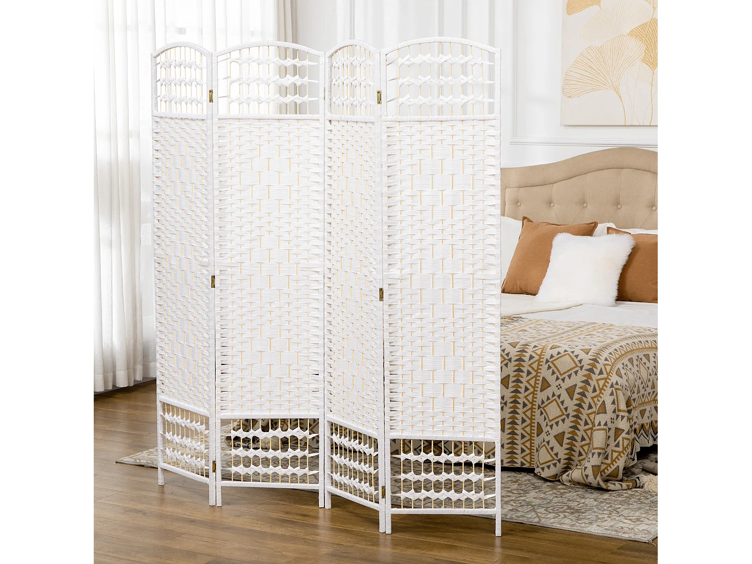 Paravento da interno a 4 ante pieghevole intrecciato 160x170cm bianco