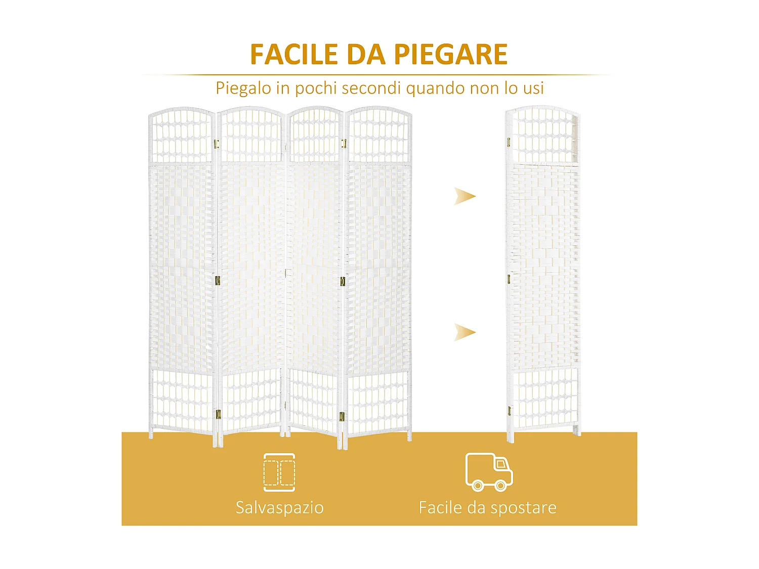 Paravento da interno a 4 ante pieghevole intrecciato 160x170cm bianco