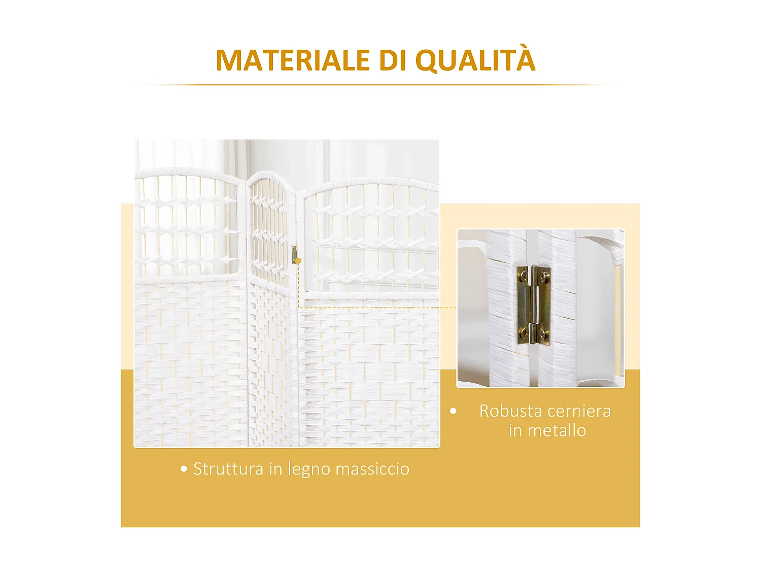 Paravento da interno a 4 ante pieghevole intrecciato 160x170cm bianco