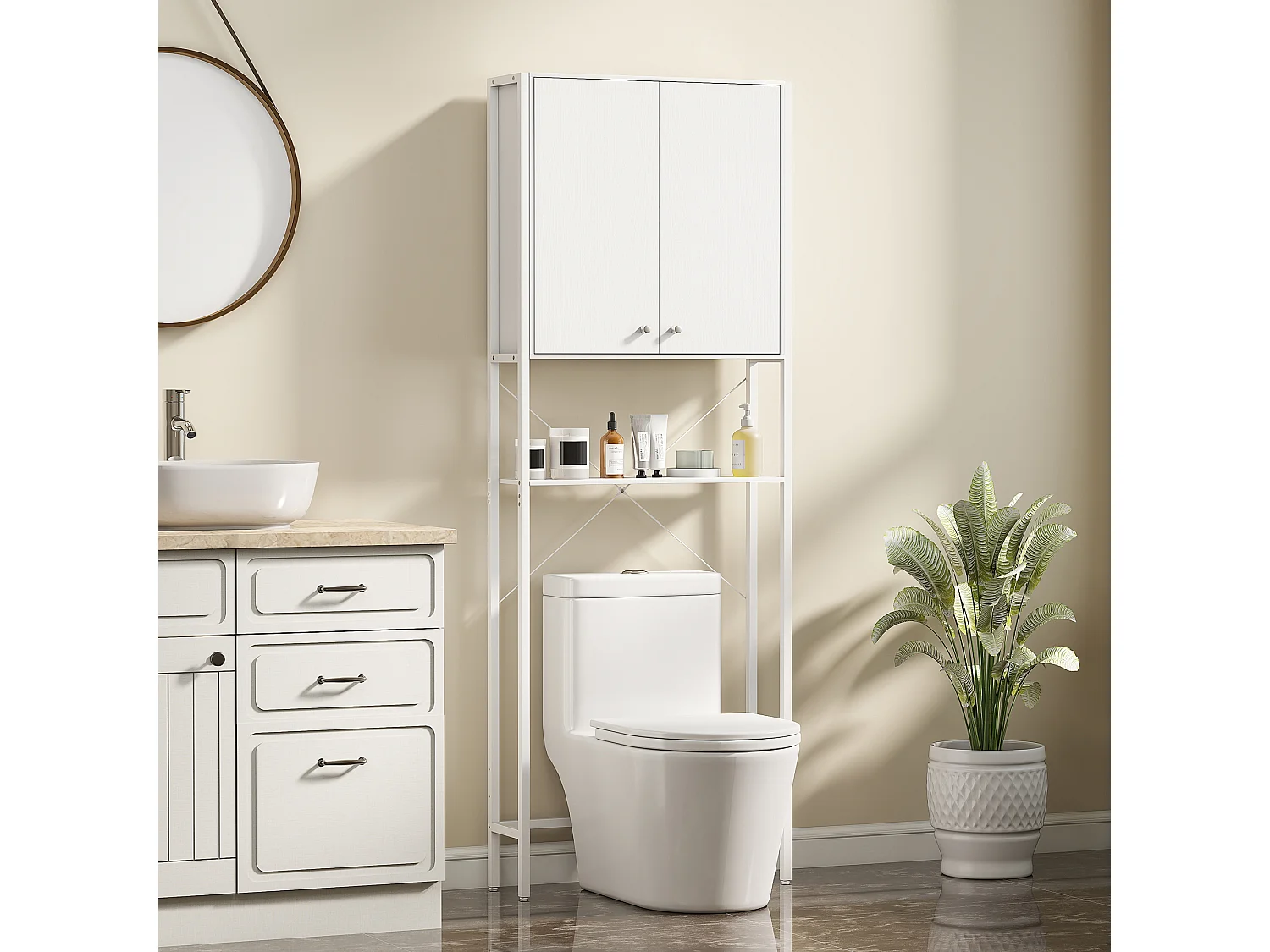 Mobile bagno sopra wc e lavatrice con armadietto e ripiano bianco