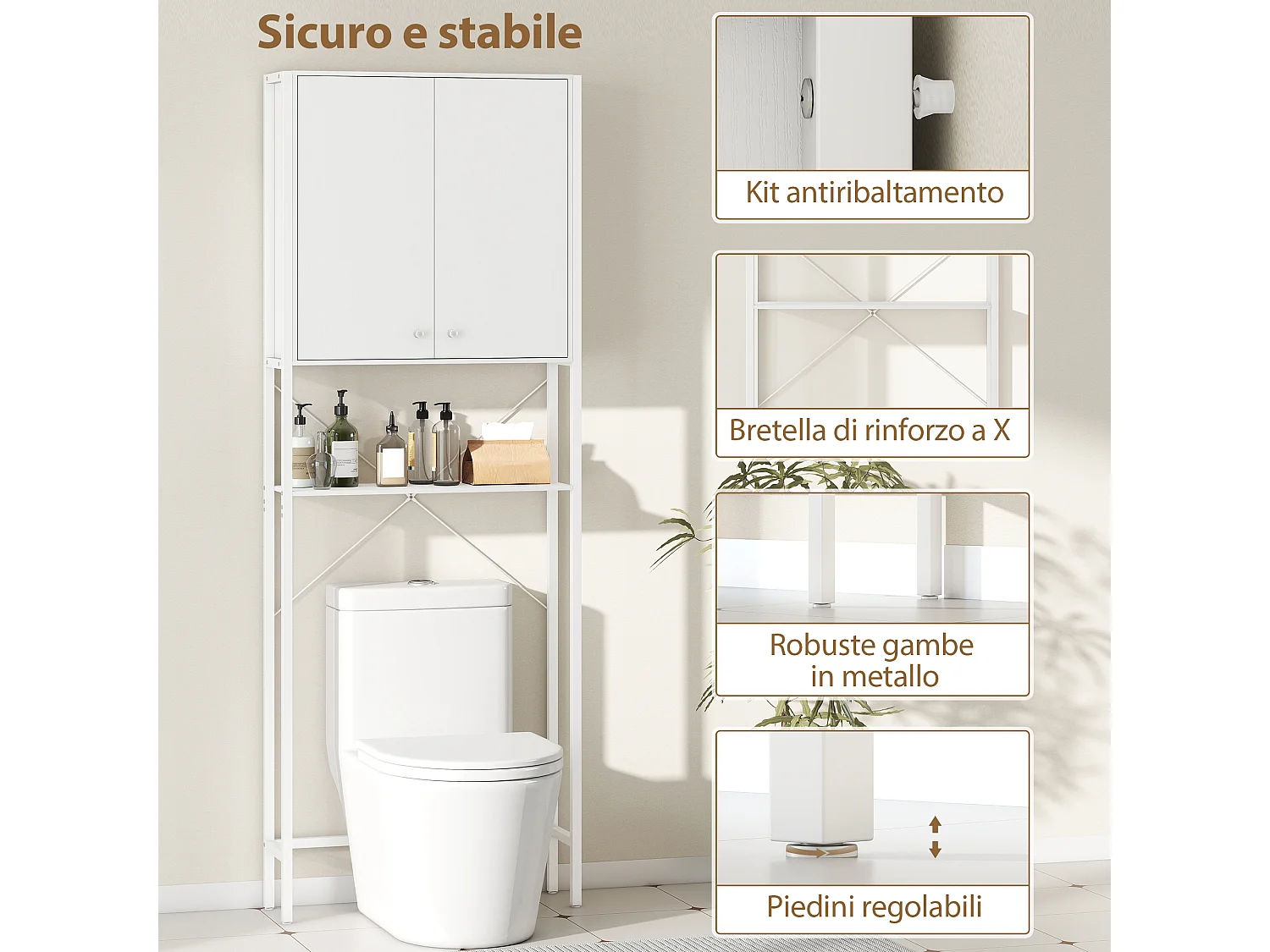 Mobile bagno sopra wc e lavatrice con armadietto e ripiano bianco
