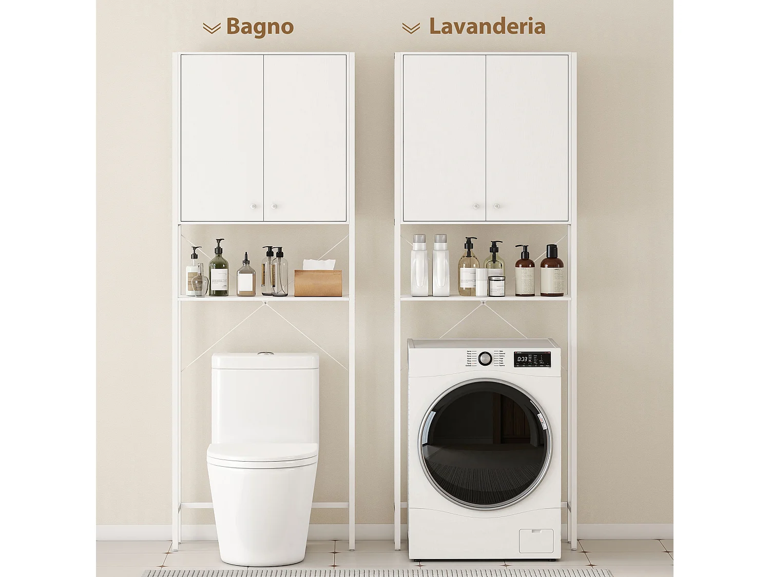 Mobile bagno sopra wc e lavatrice con armadietto e ripiano bianco