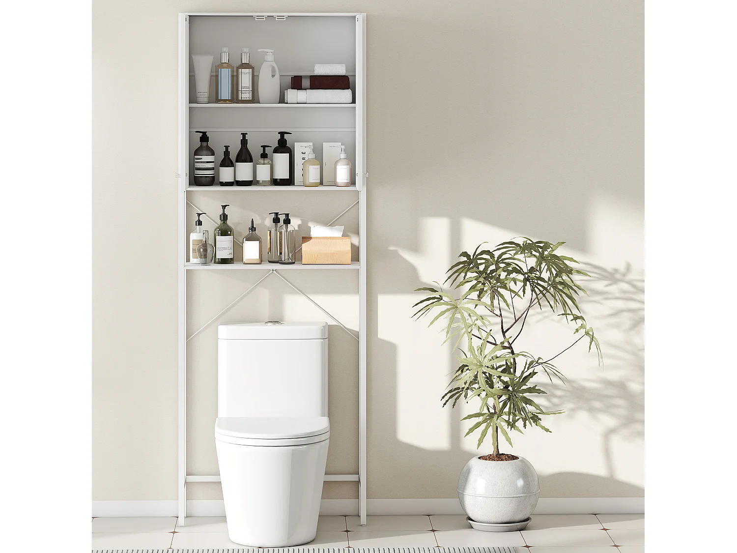 Mobile bagno sopra wc e lavatrice con armadietto e ripiano bianco