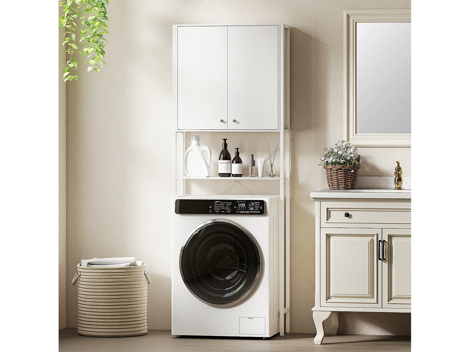 Mobile bagno sopra wc e lavatrice con armadietto e ripiano bianco