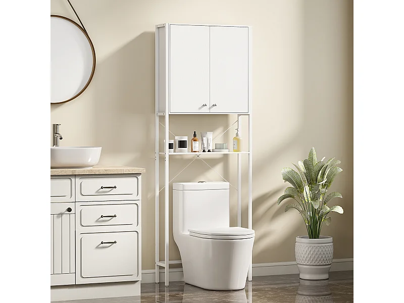 Mobile bagno sopra wc e lavatrice con armadietto e ripiano bianco