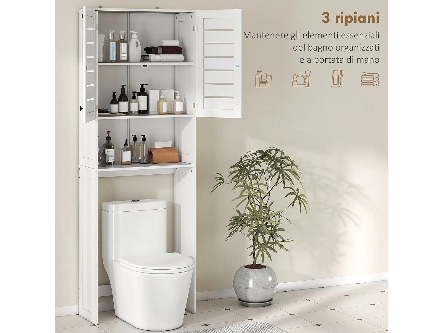 Mobile sopra wc con armadietto e ripiano aperto in legno bianco