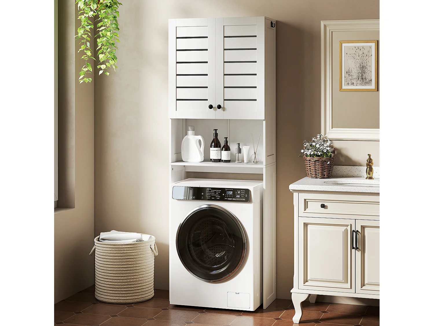 Mobile sopra wc con armadietto e ripiano aperto in legno bianco