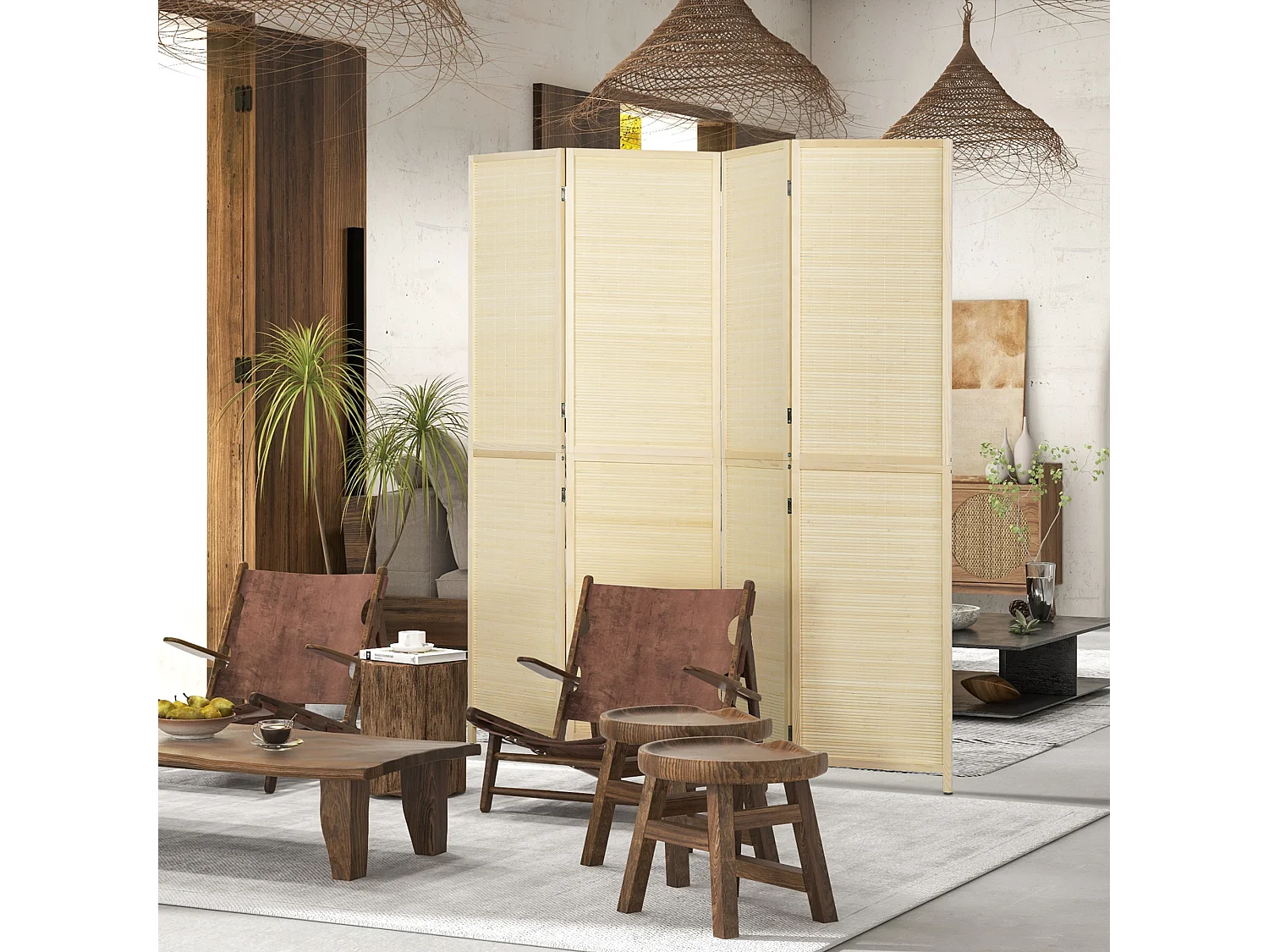 Paravento per interno pieghevole a 4 ante in bambù color legno