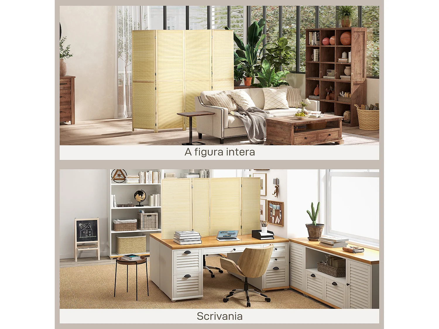 Paravento per interno pieghevole a 4 ante in bambù color legno