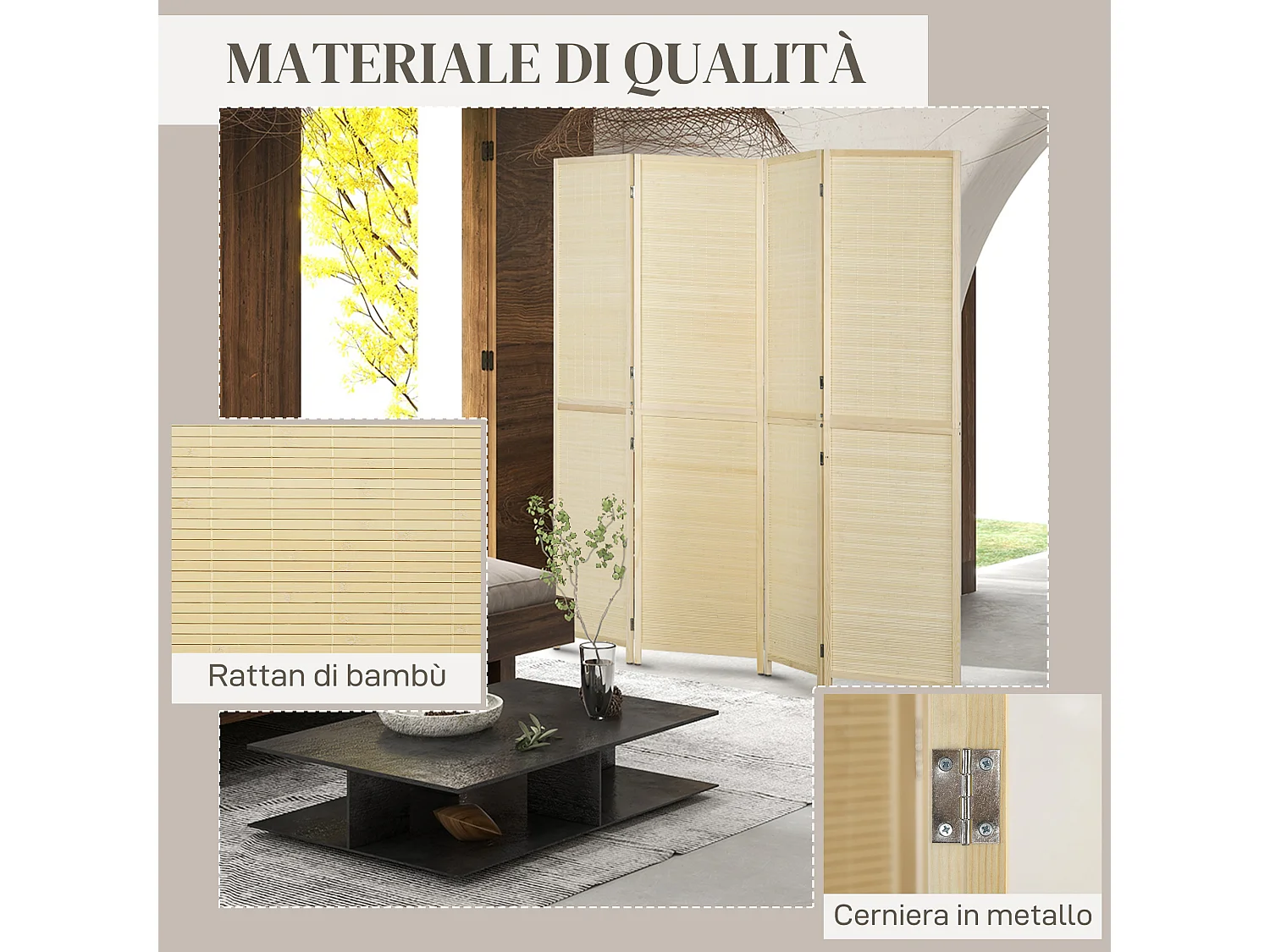 Paravento per interno pieghevole a 4 ante in bambù color legno