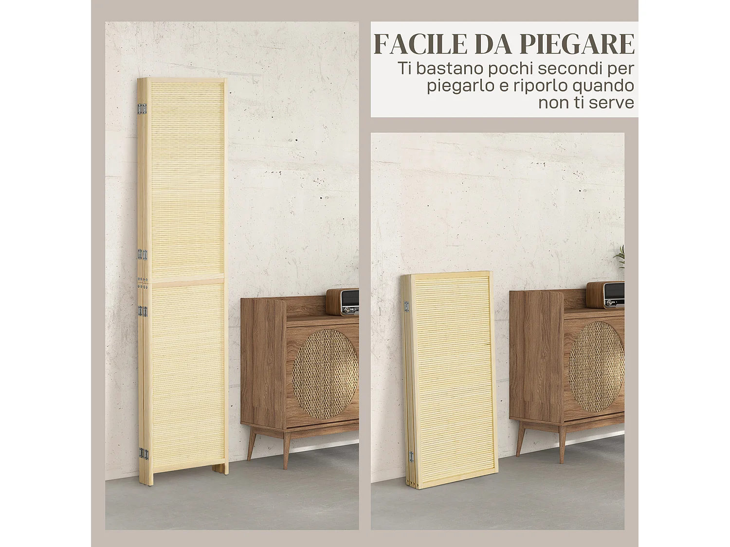 Paravento per interno pieghevole a 4 ante in bambù color legno