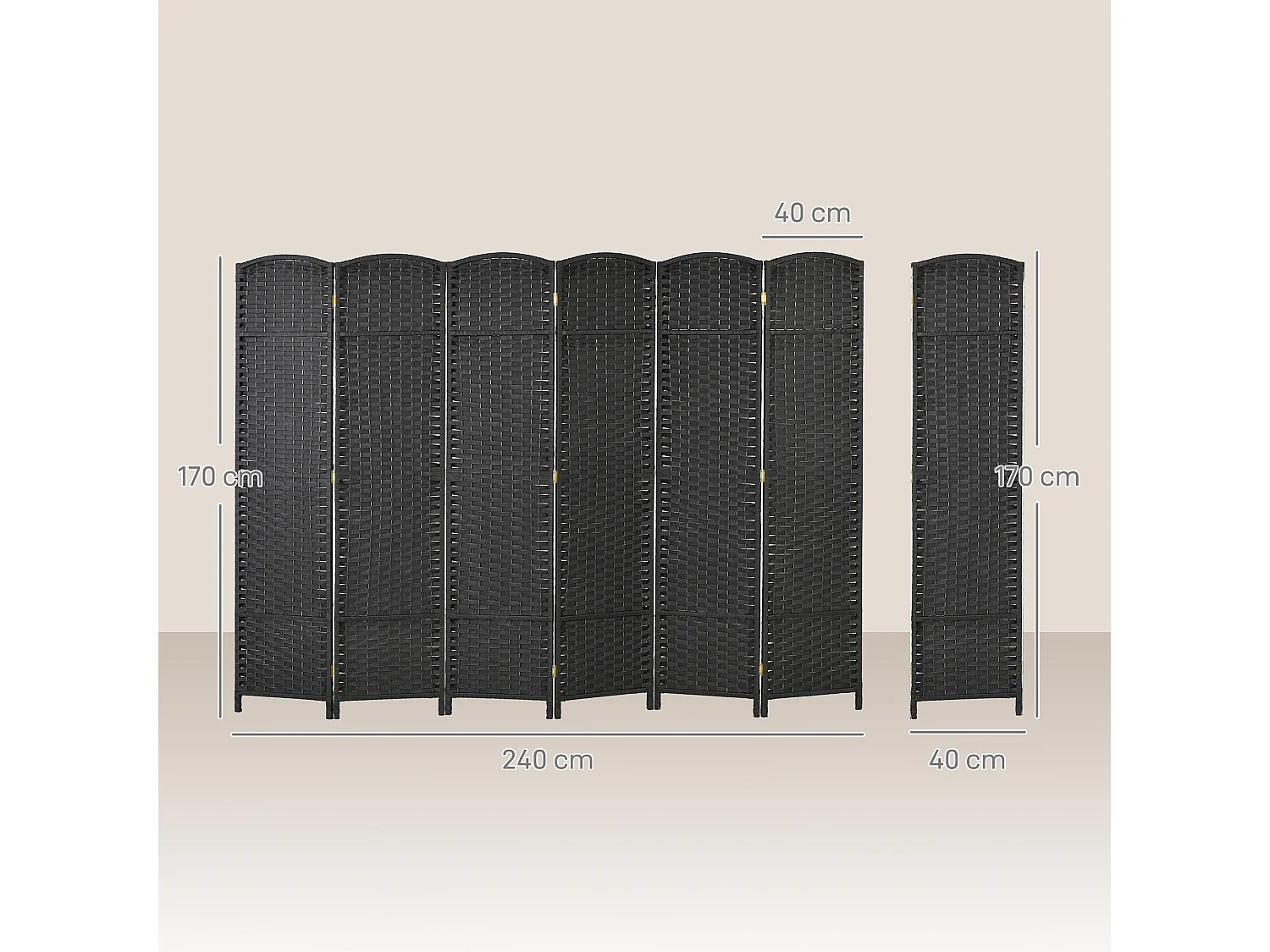 Paravento divisorio per ambienti pieghevole a 6 ante intrecciato nero