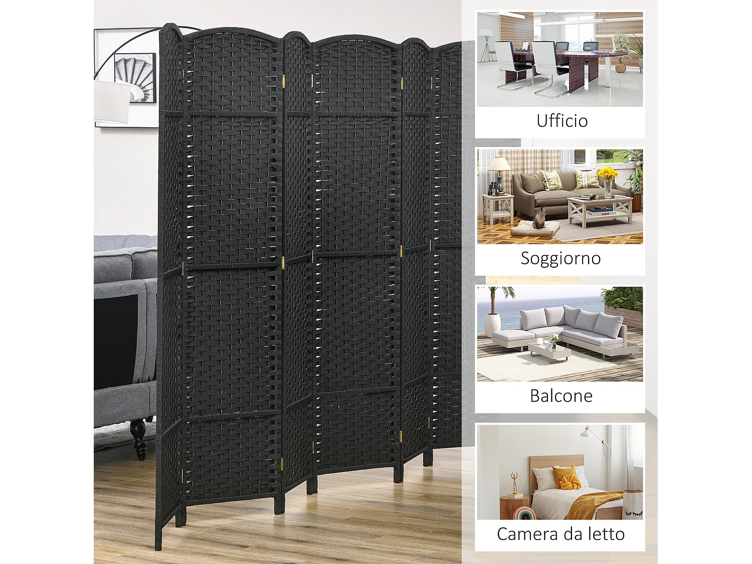 Paravento divisorio per ambienti pieghevole a 6 ante intrecciato nero