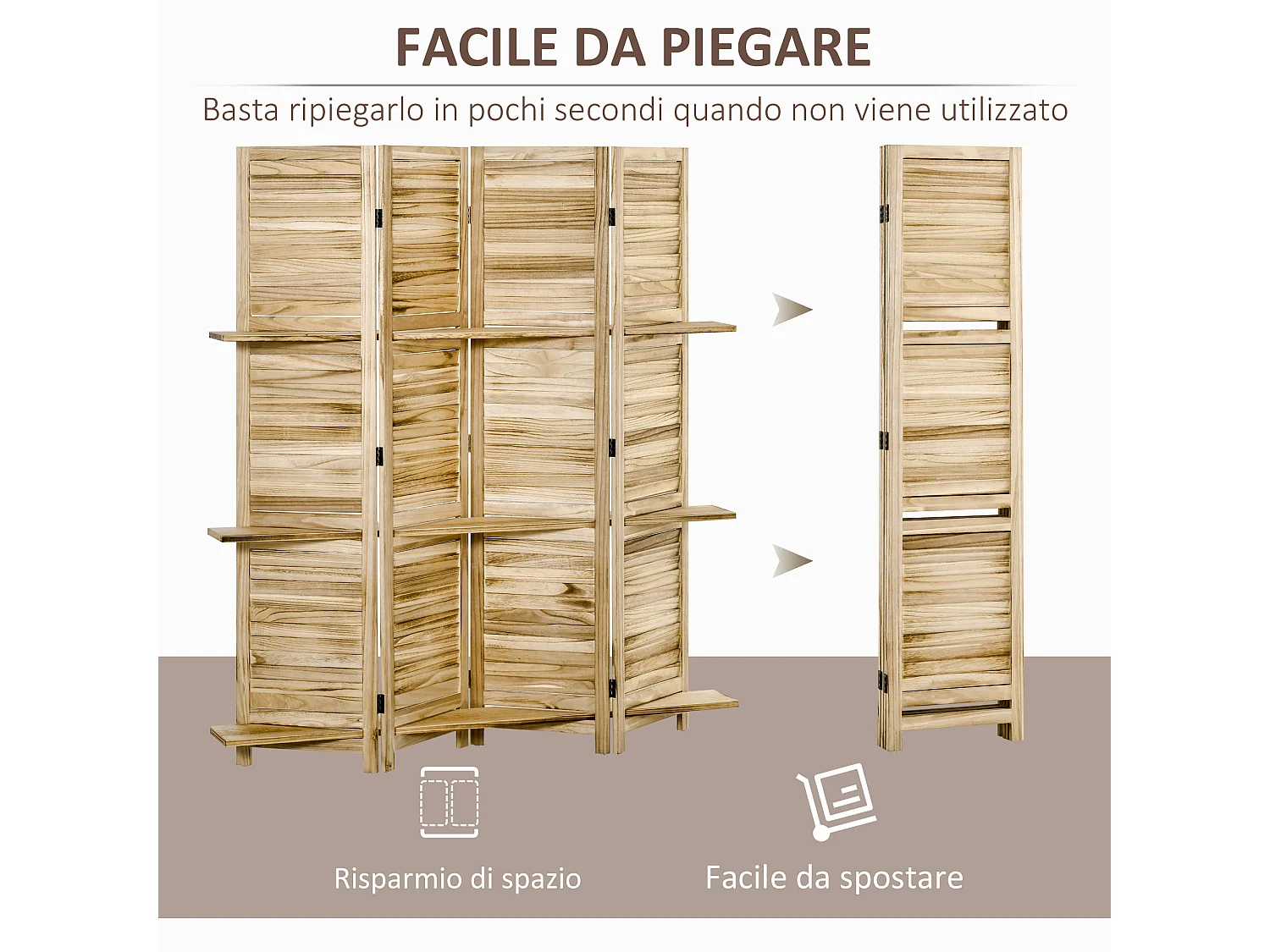 Paravento per interni pieghevole 4 ante con ripiani in legno