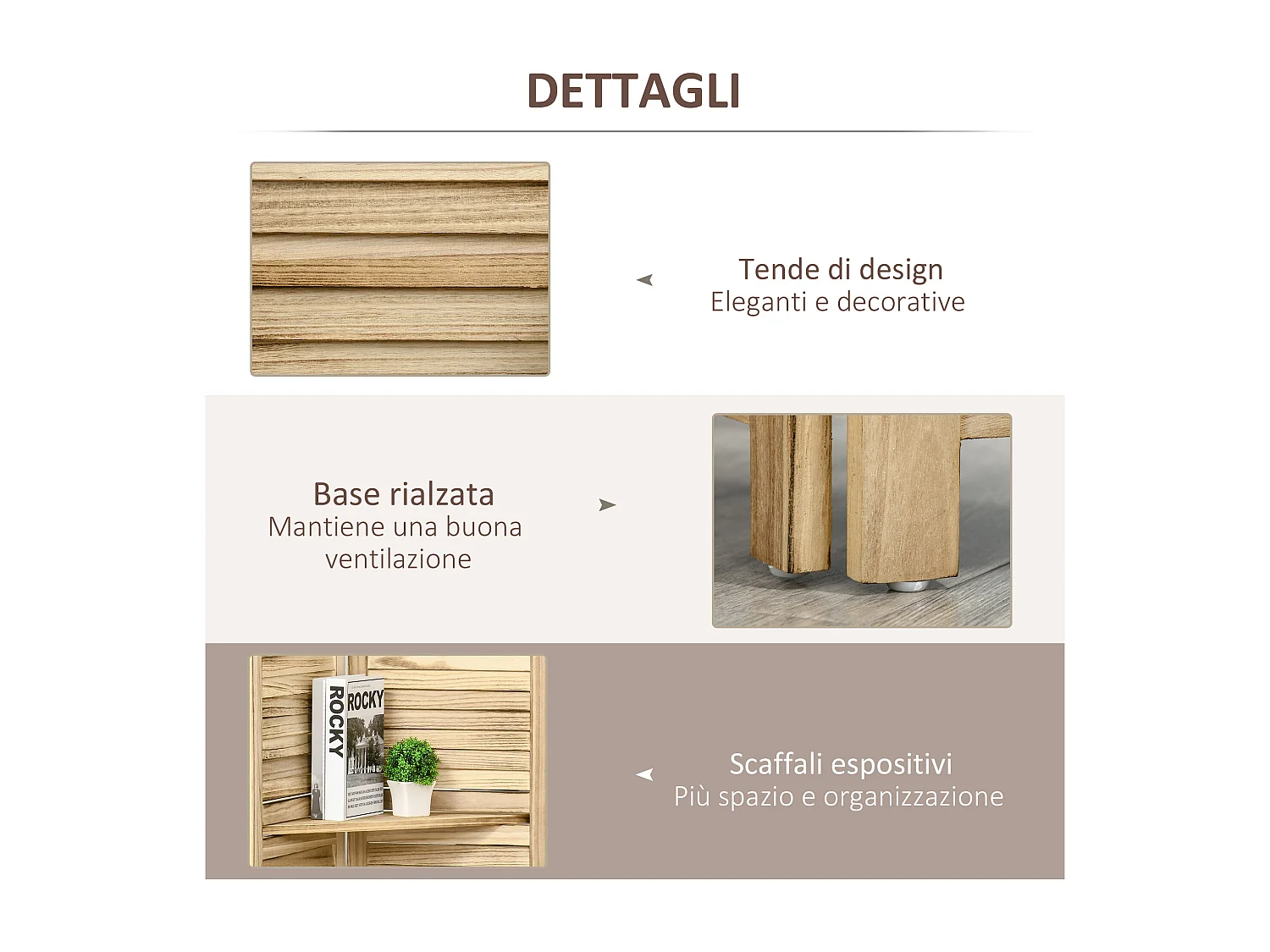 Paravento per interni pieghevole 4 ante con ripiani in legno