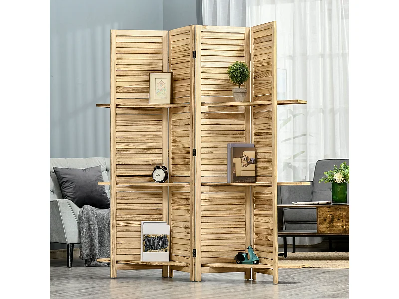 Paravento per interni pieghevole 4 ante con ripiani in legno