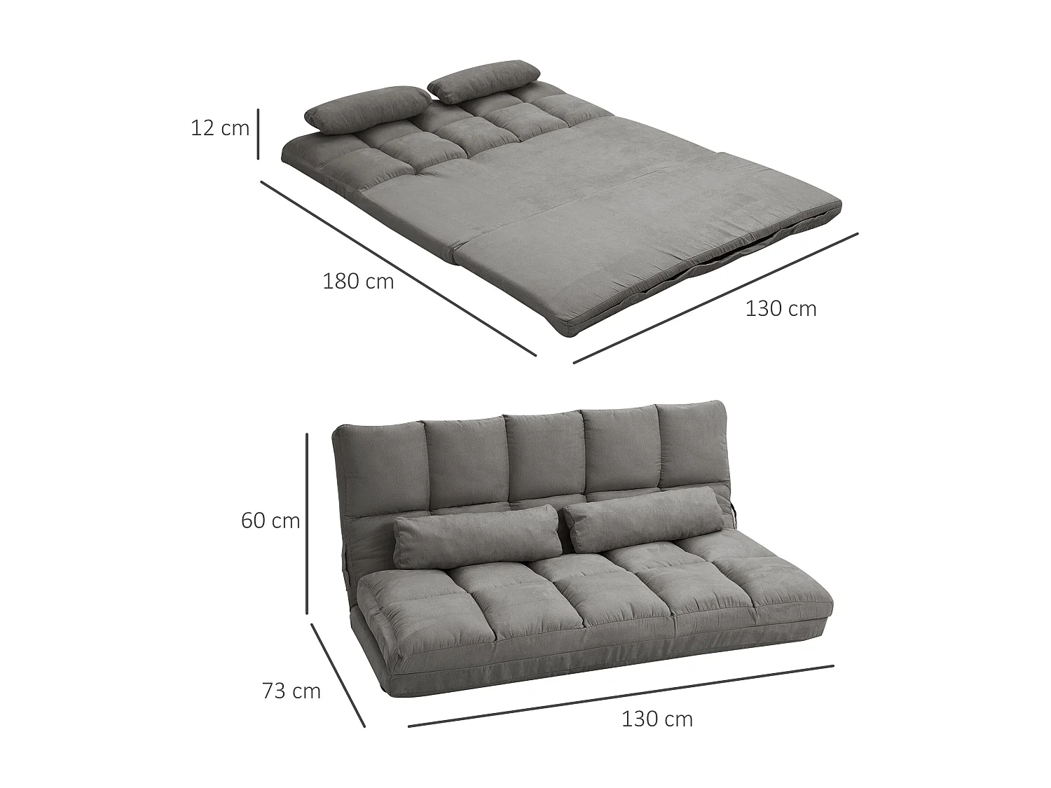 Divano da terra 2 in 1 con schienale reclinabile grigio carbone