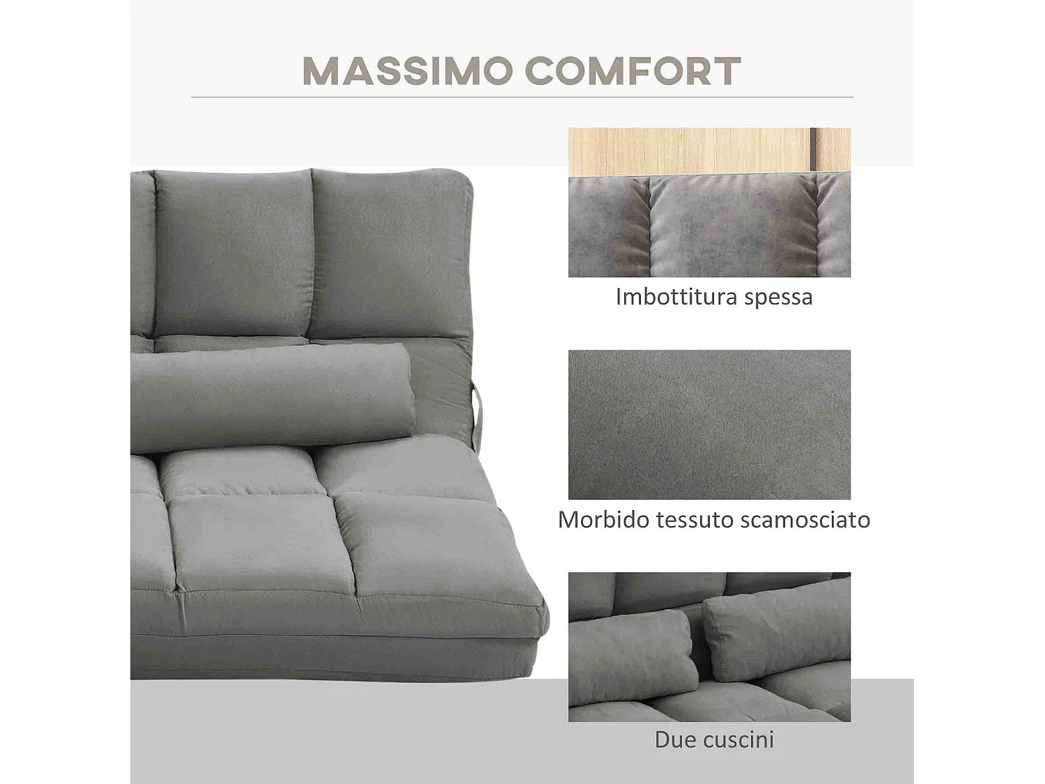 Divano da terra 2 in 1 con schienale reclinabile grigio carbone