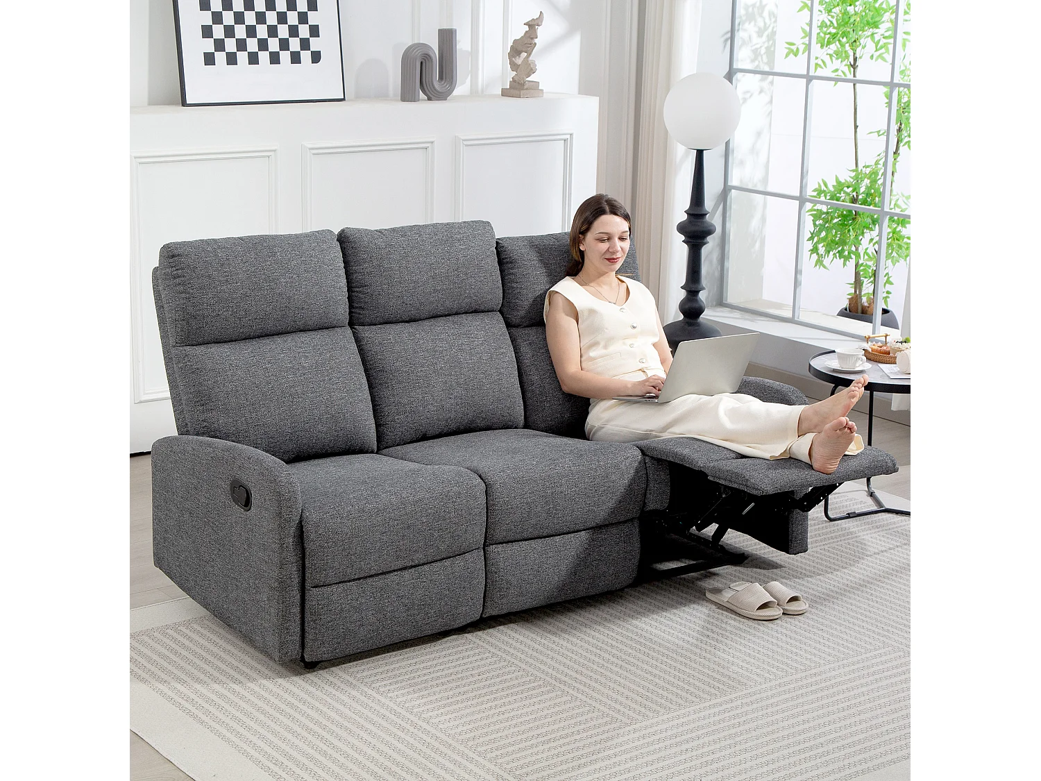 Divano 3 posti reclinabile con rivestimento in ciniglia grigio