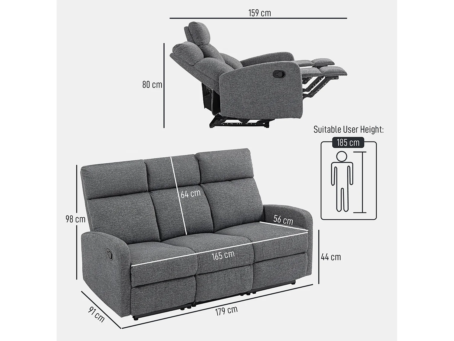 Divano 3 posti reclinabile con rivestimento in ciniglia grigio