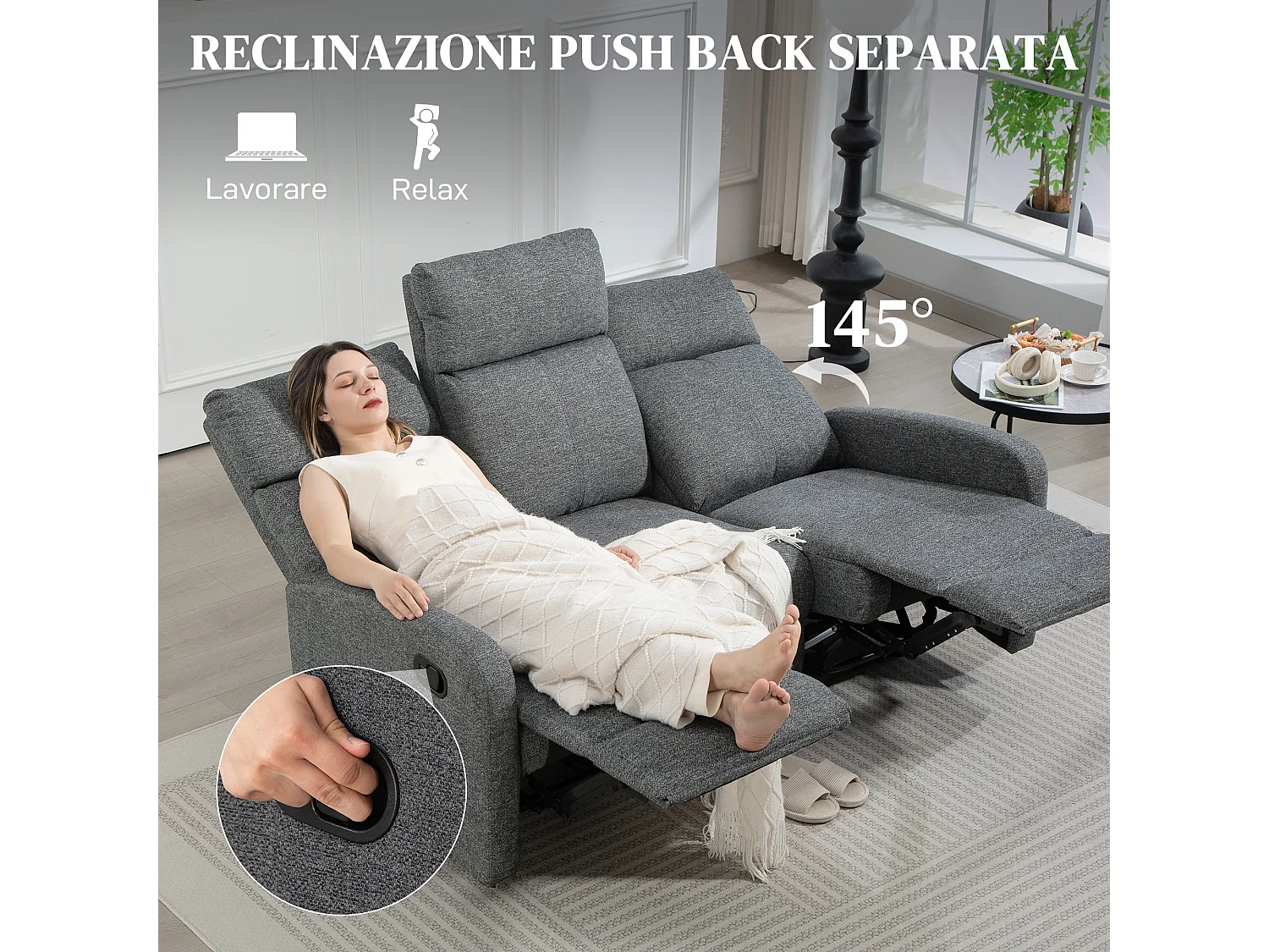 Divano 3 posti reclinabile con rivestimento in ciniglia grigio