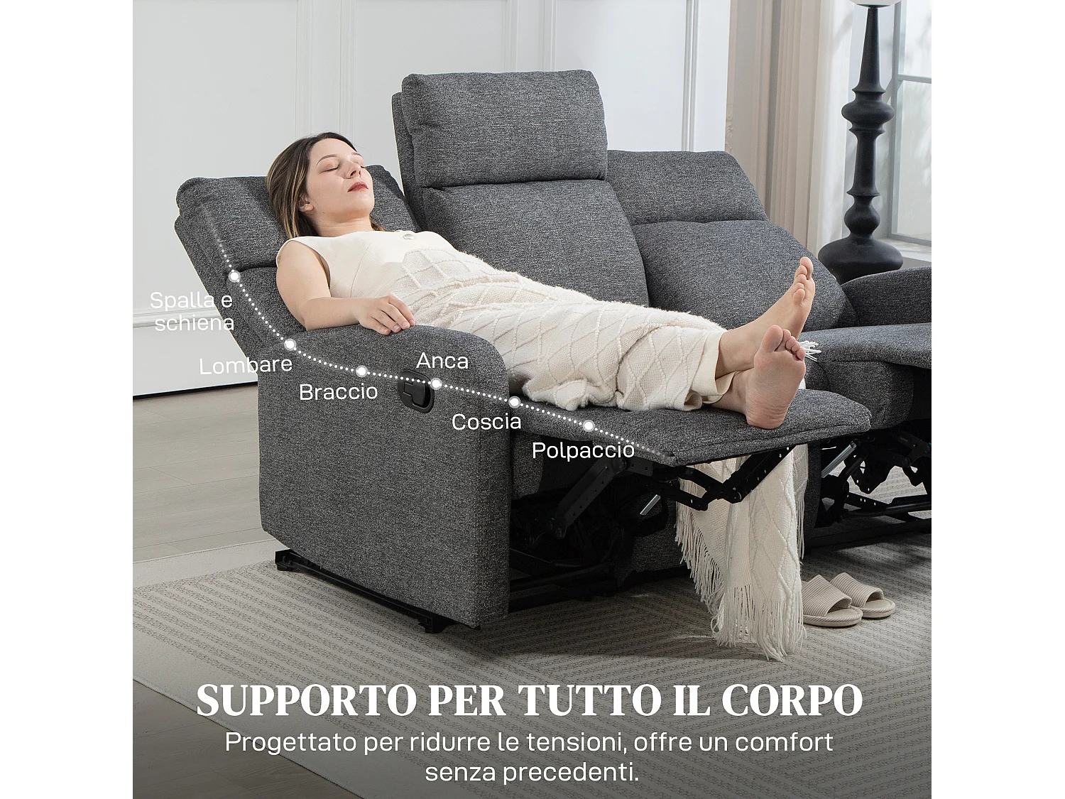 Divano 3 posti reclinabile con rivestimento in ciniglia grigio